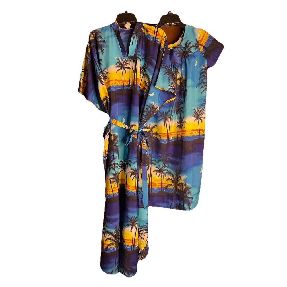 Vintage Tropical Hawaii Sunset Muu Muu & Dress Set 2 Kimono Tie